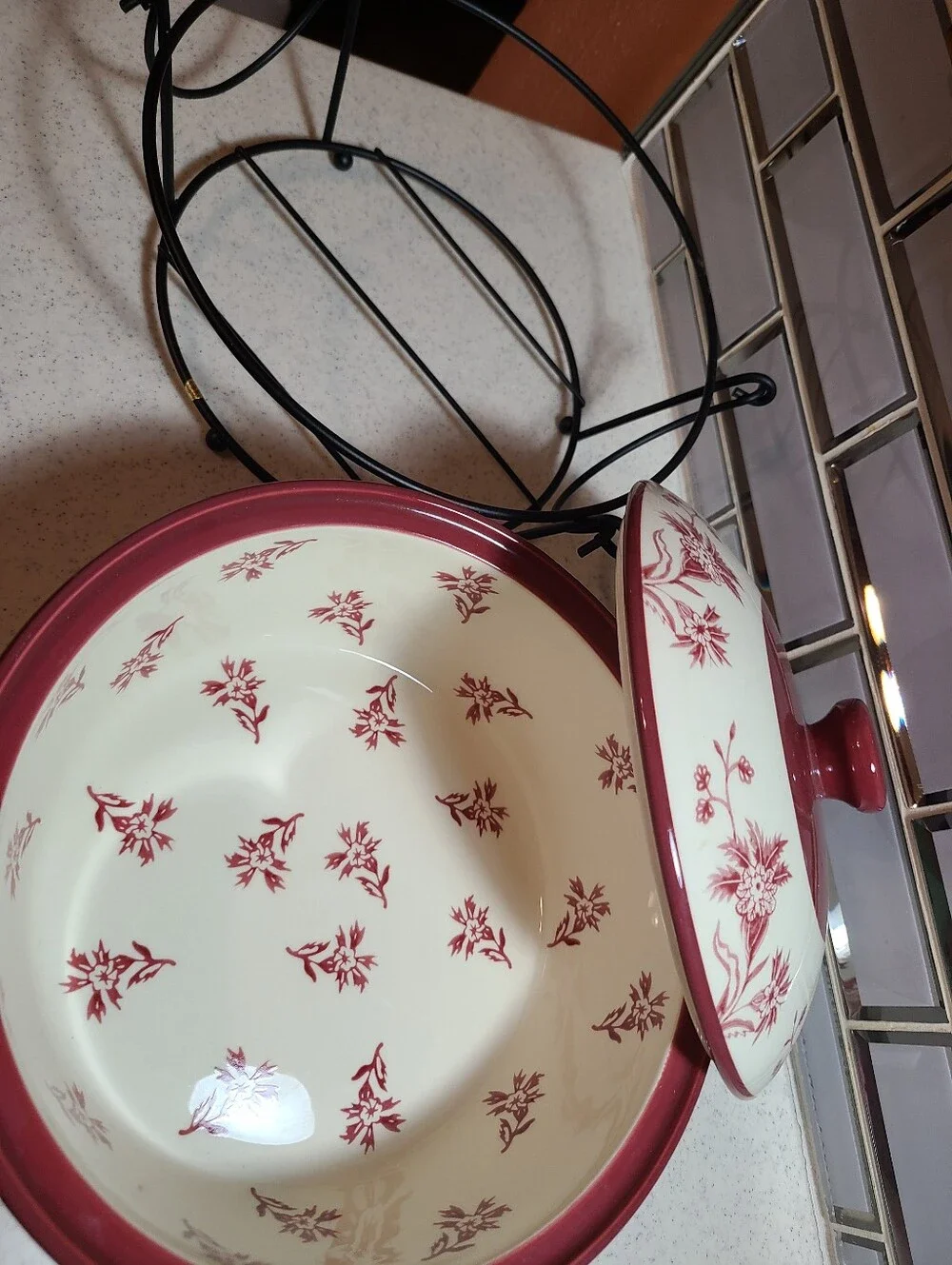 Temp-Tations Cream and Burgundy Floral Covered Serving Dish